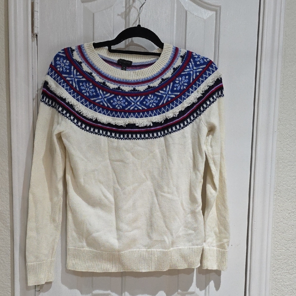 Talbots Women's Cream and Blue Patterned Sweater Size S.